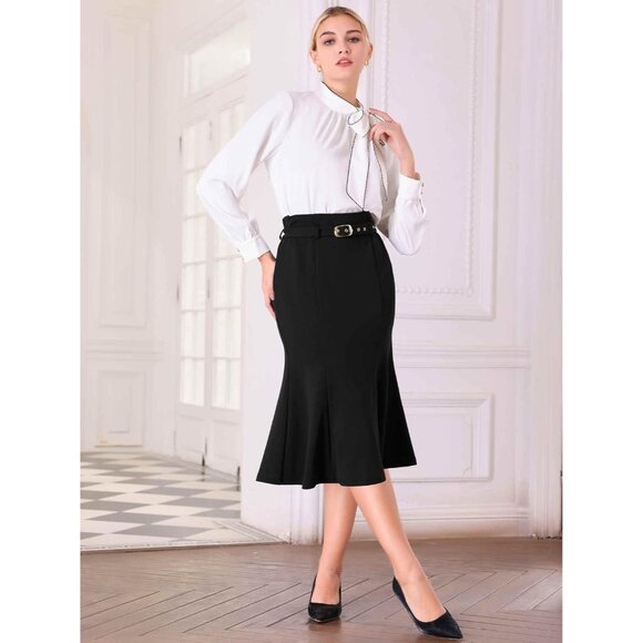 Women's Black Pull On Elegant Fishtail Waist Belted Work Mermaid Midi Skirt - Picture 2 of 5